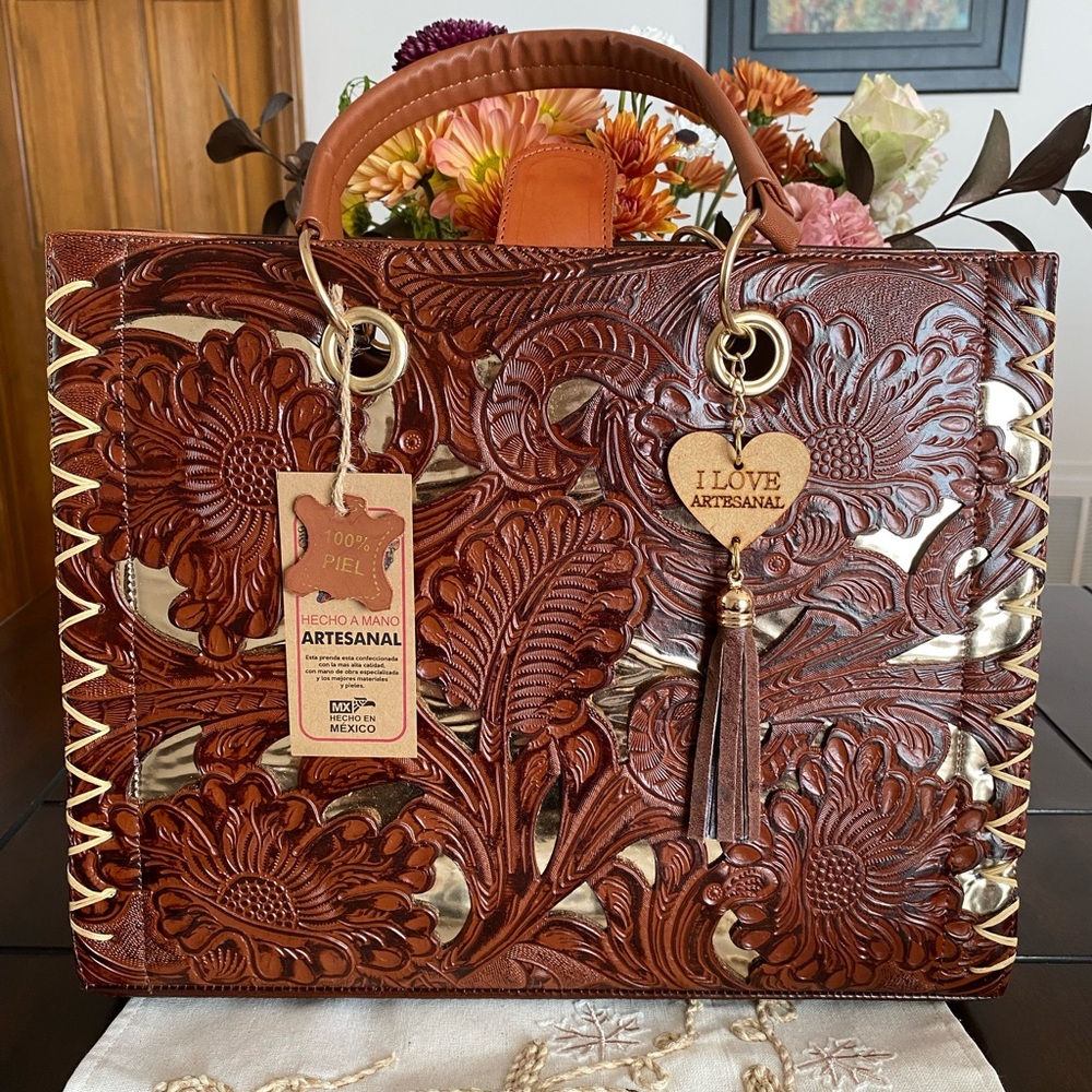 Artisanal Floral Brown Leather Tote